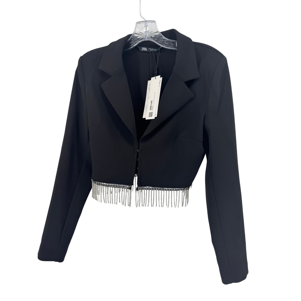 Zara Cropped Blazer Women Medium Black Rhinestone Fringe Evening Glam Jacket New